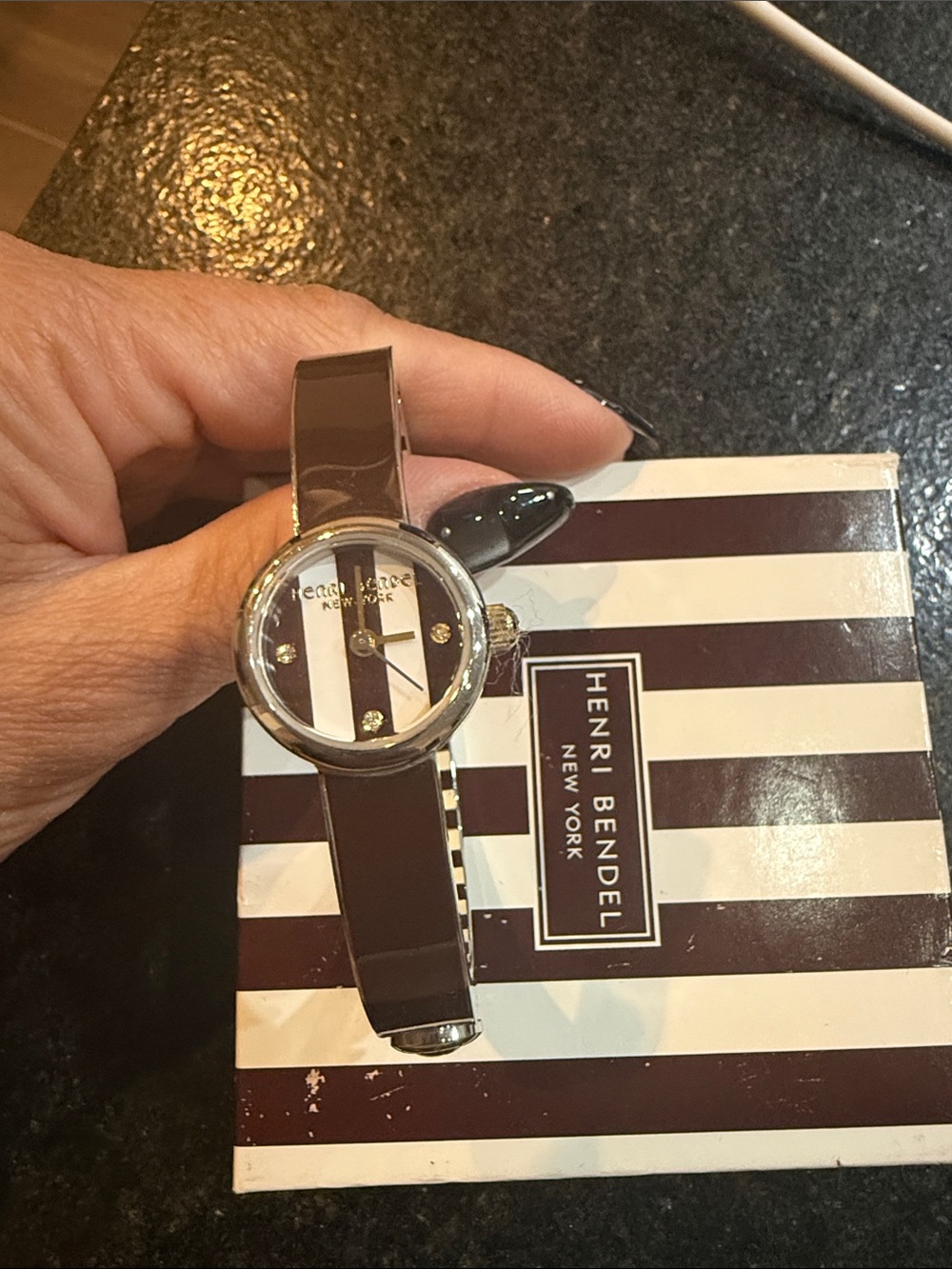 henri bendel Brown Patent Bangle Watch with Silver Accents